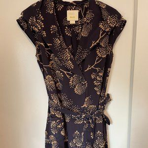 Maeve Silk Navy Dress w/ Floral Pattern